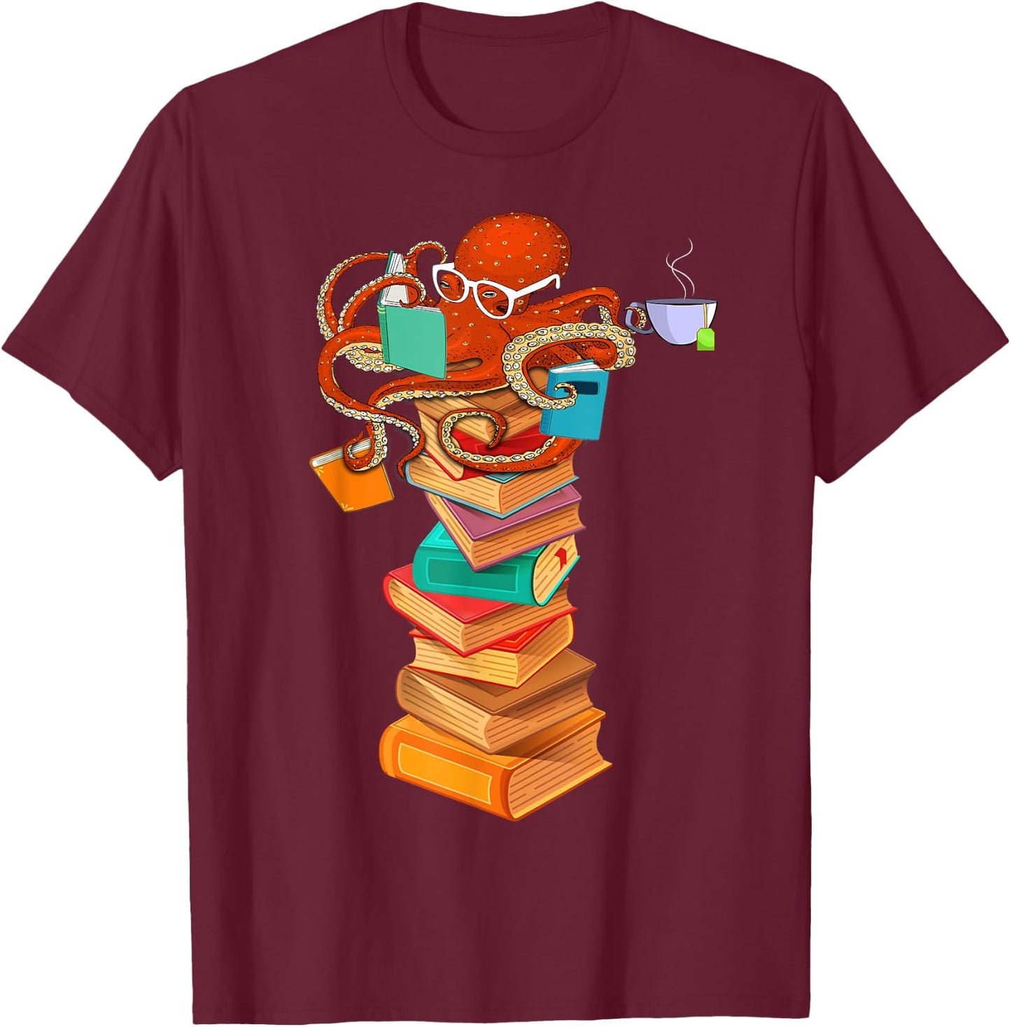 Reading Octopus Tea Coffee Book Lover Bookworm Reader Funny T-Shirt - T-Shirt | Maroon