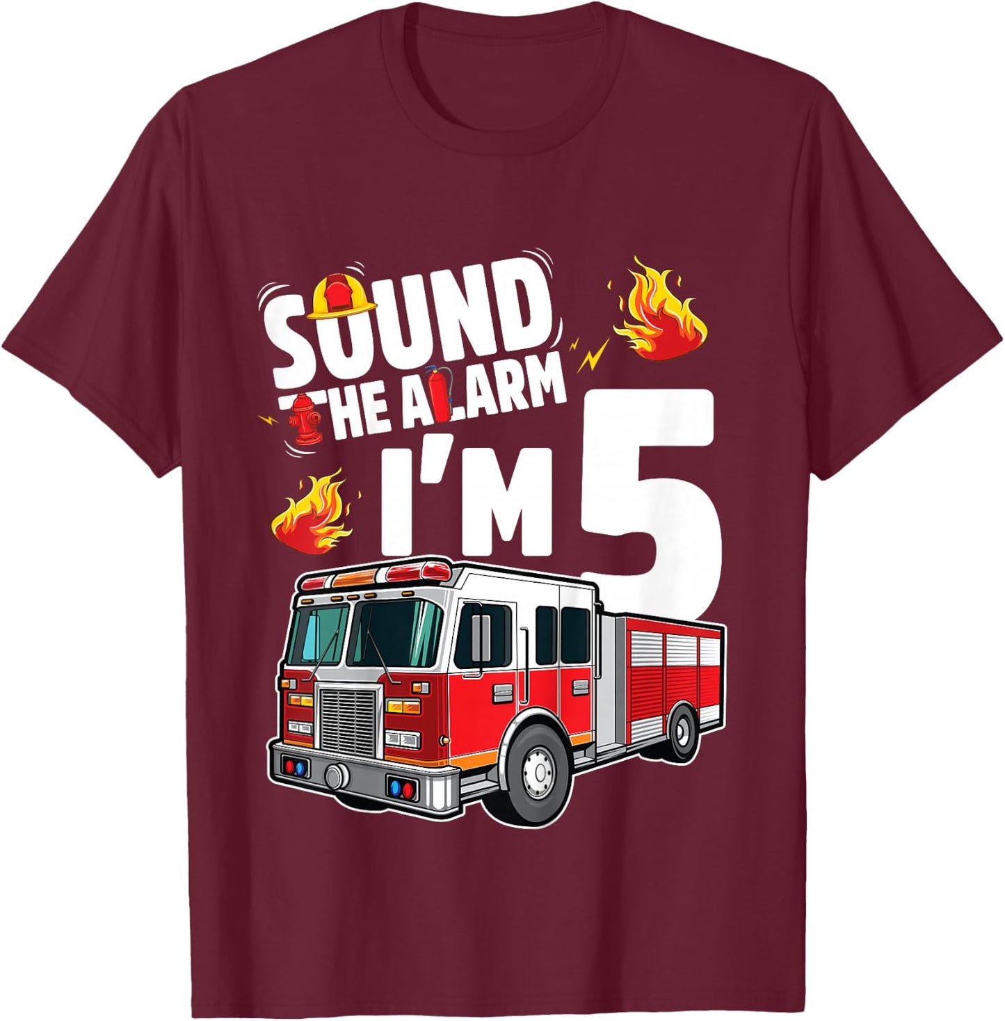 Fire Truck 5th Birthday Boy Firefighter 5 Year Old T-Shirt - T-Shirt | Maroon