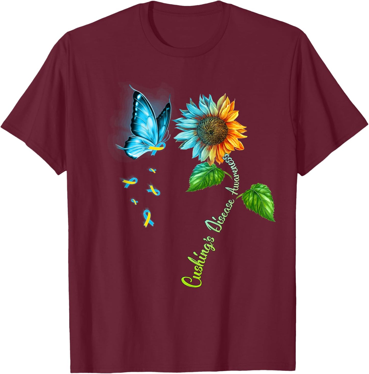 Butterfly Sunflower Cushing's Disease Awareness T-Shirt - T-Shirt | Maroon