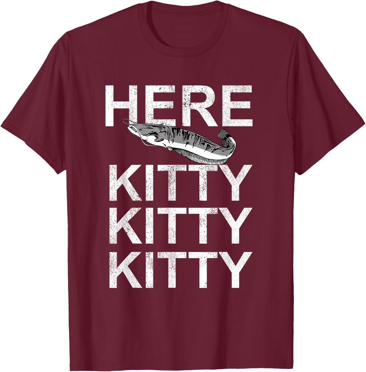 Here Kitty | Cat Fisherman Angler Funny Fishing Lover T-Shirt - T-Shirt | Maroon