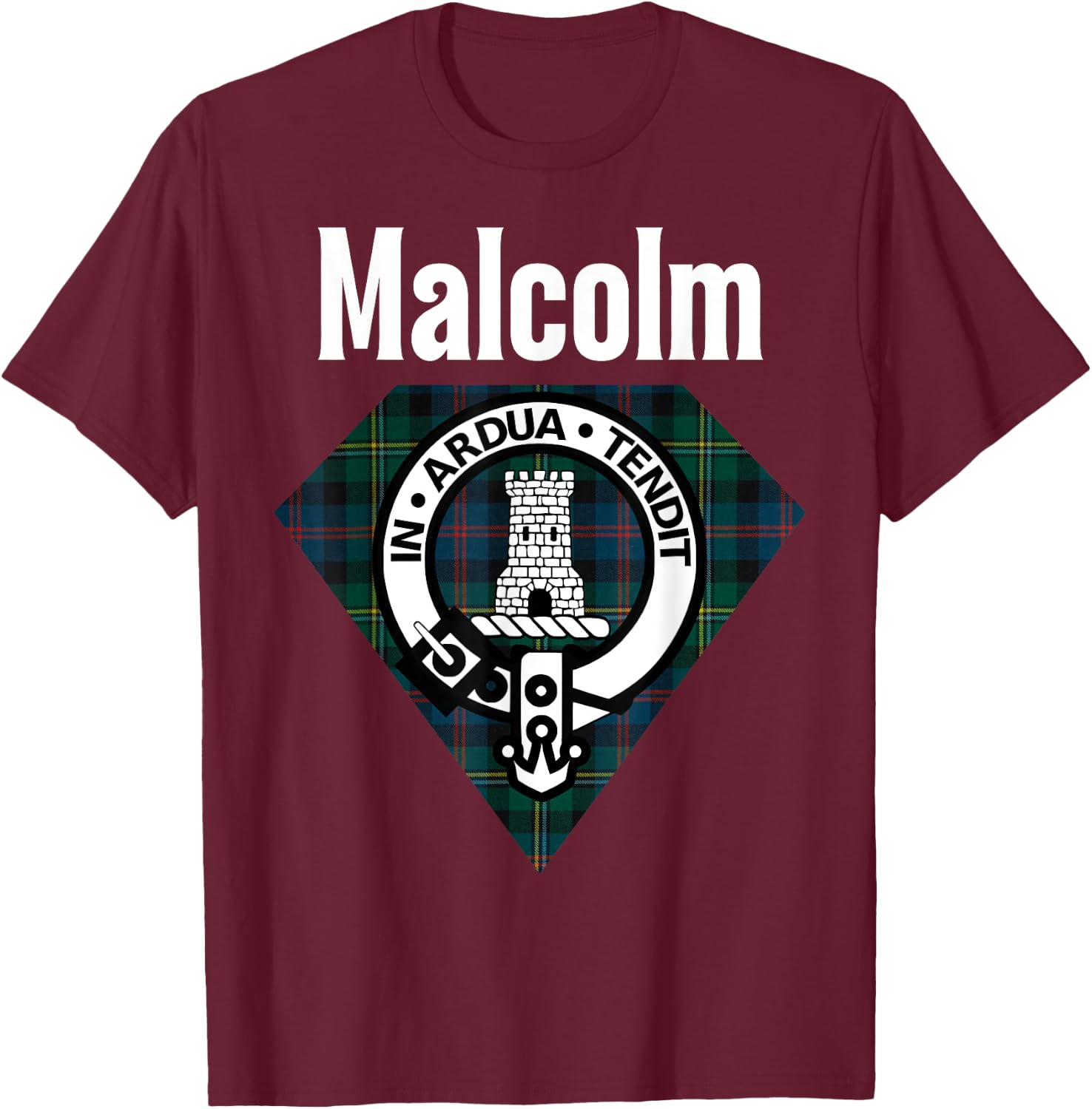Malcolm Clan Scottish Name Coat Of Arms Tartan T-Shirt - T-Shirt | Maroon