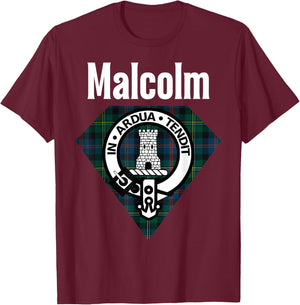 Malcolm Clan Scottish Name Coat Of Arms Tartan T-Shirt - T-Shirt | Maroon