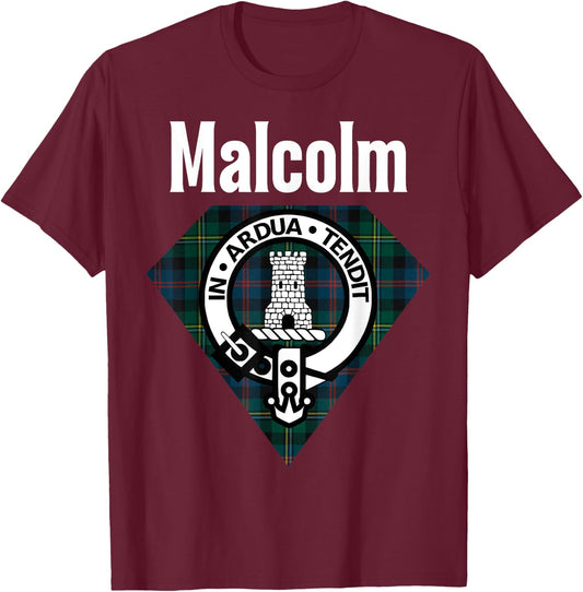 Malcolm Clan Scottish Name Coat Of Arms Tartan T-Shirt - T-Shirt | Maroon