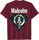 Malcolm Clan Scottish Name Coat Of Arms Tartan T-Shirt - T-Shirt | Maroon