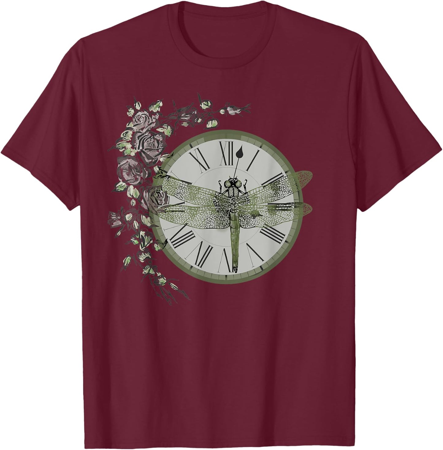 Dragonfly Resting on a Vintage Clock Adorned with Roses T-Shirt - T-Shirt | Maroon