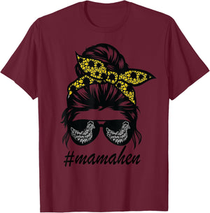 Mama Hen Chicken Messy Hair Bun Sunflower mother day T-Shirt - T-Shirt | Maroon