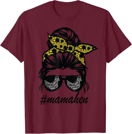 Mama Hen Chicken Messy Hair Bun Sunflower mother day T-Shirt - T-Shirt | Maroon