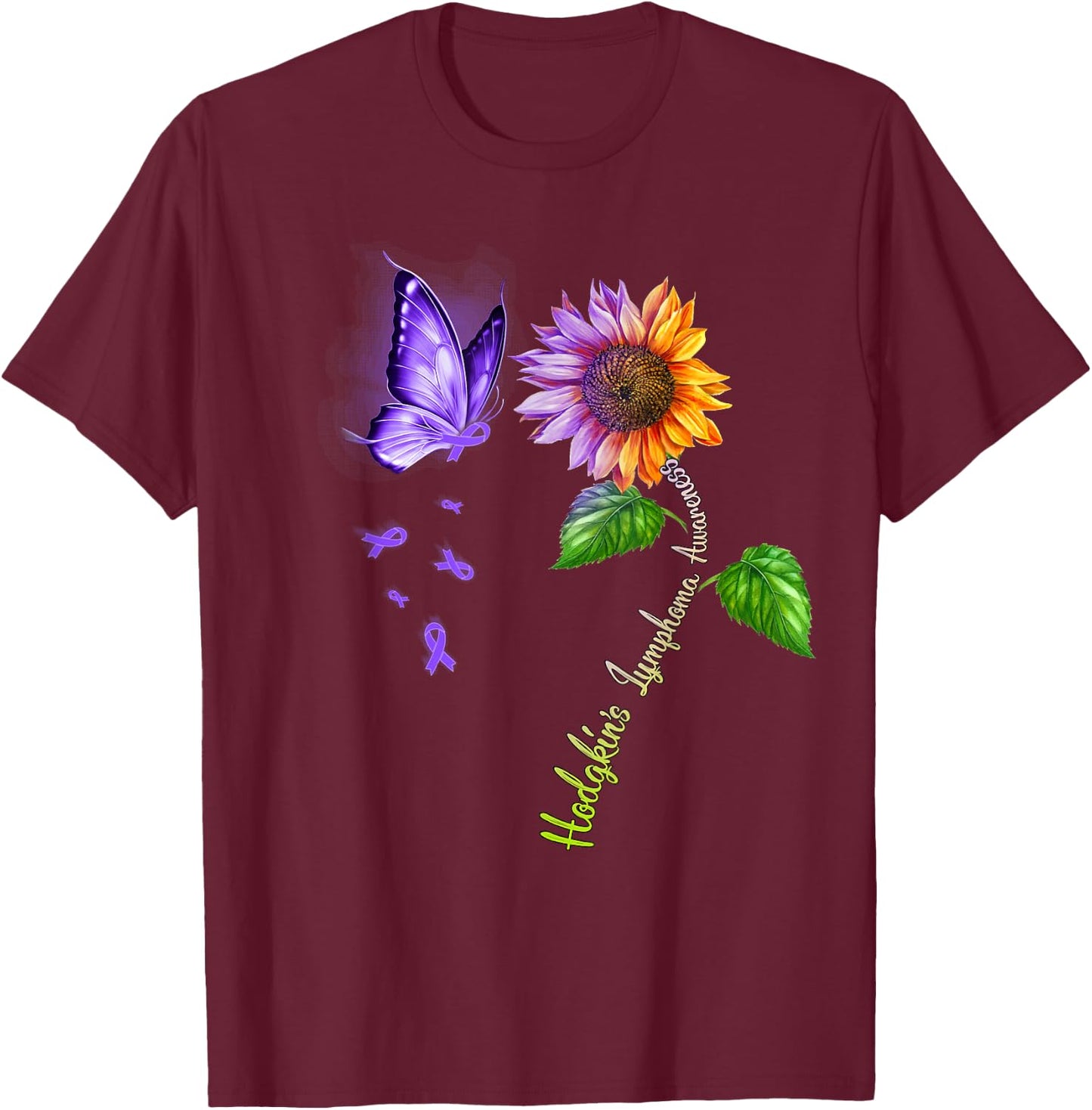 Butterfly Sunflower Hodgkin's Lymphoma Awareness T-Shirt - T-Shirt | Maroon