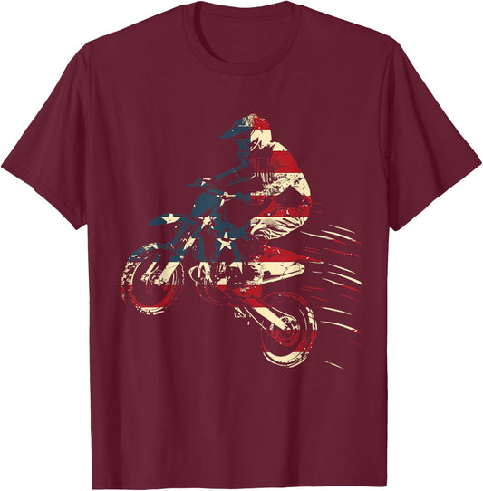 Motocross Dirt Bike MX American Flag Patriotic Biker Vintage T-Shirt - T-Shirt | Maroon