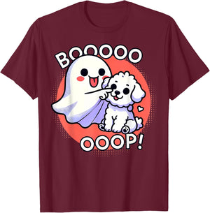 Funny Halloween Ghost Bichon Frise Dog Boop Puppy Humor Men Women Kids T-Shirt - T-Shirt | Maroon