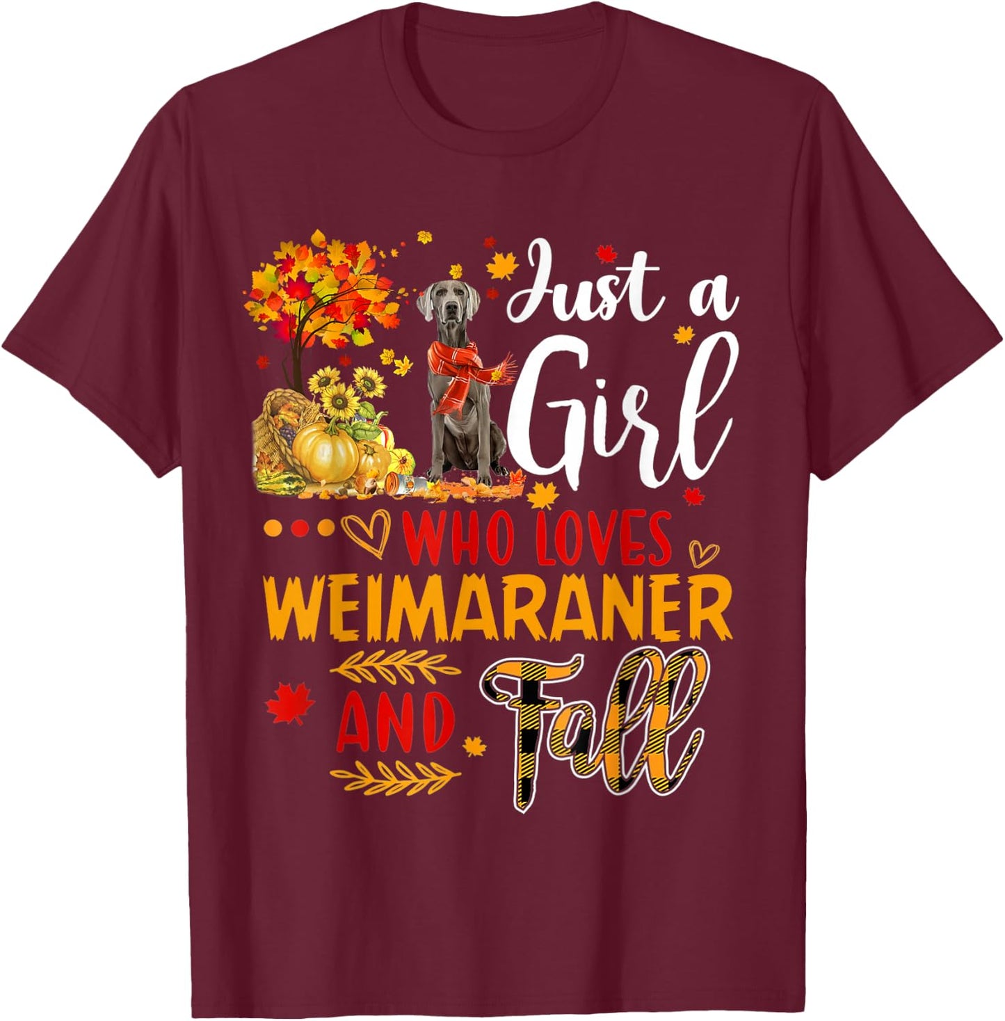 Autumn Tree Weimaraner Thanksgiving Pumpkin Dog Fall Leaf T-Shirt - T-Shirt | Maroon