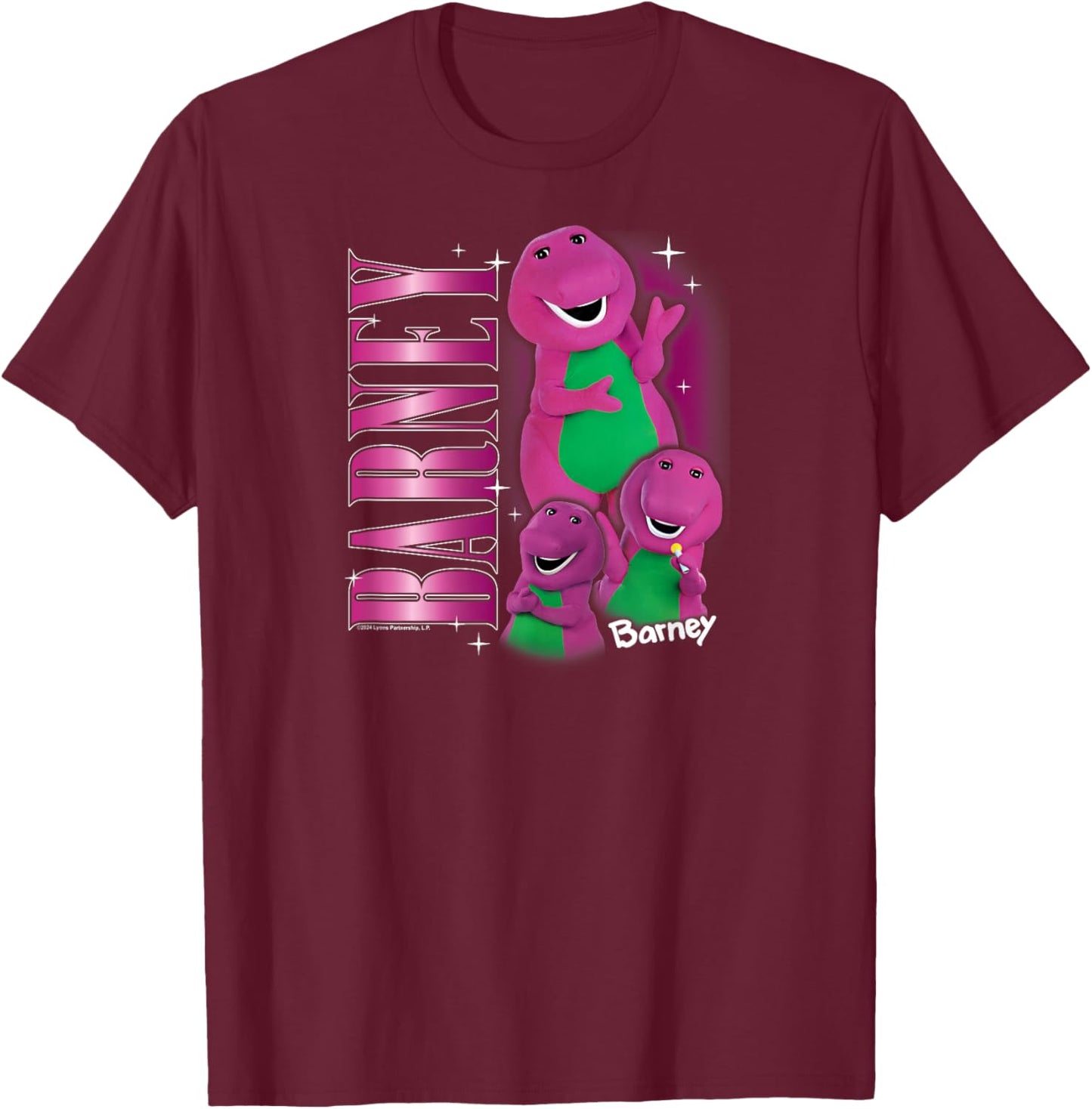 Barney - Vintage 90s Purple Dinosaur Character Collage T-Shirt - T-Shirt | Maroon