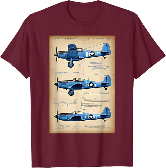 WW2 Military Aircraft Technical Drawing T-Shirt - T-Shirt | Maroon