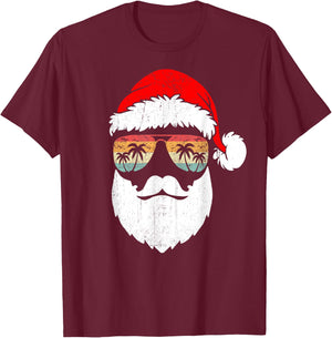Santa Face Retro Sunglasses Hawaiian Christmas Xmas Tropical T-Shirt - T-Shirt | Maroon