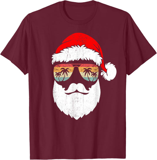 Santa Face Retro Sunglasses Hawaiian Christmas Xmas Tropical T-Shirt - T-Shirt | Maroon