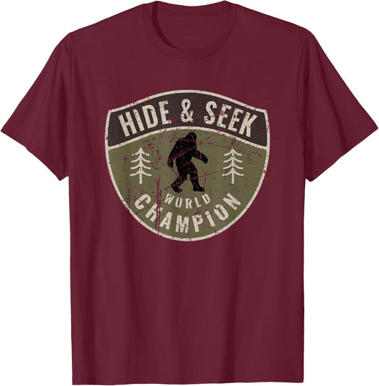 Vintage Sasquatch Hide And Seek World Champion Big Foot T-Shirt - T-Shirt | Maroon