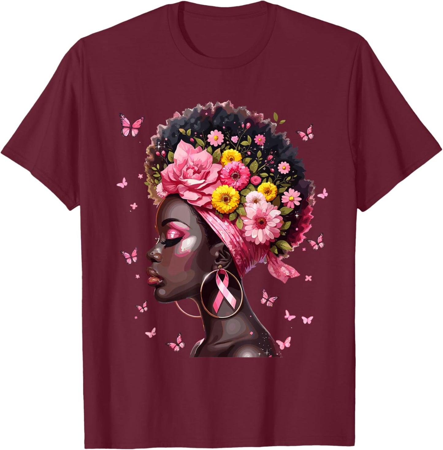 In October We Wear Pink Black Woman Breast Cancer Awareness T-Shirt - T-Shirt | Maroon