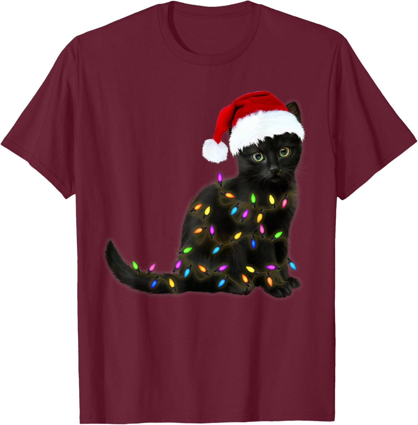 Black Cat with Christmas Light Funny Cat Lover Christmas T-Shirt - T-Shirt | Maroon