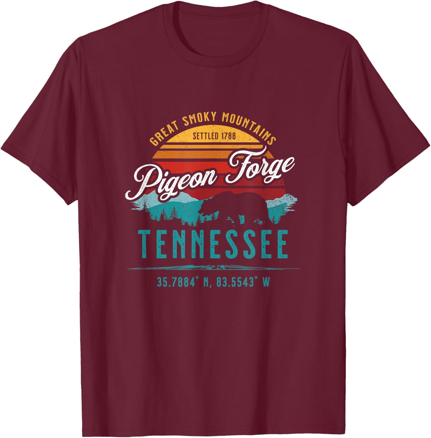 Pigeon Forge Tennessee Great Smoky Mountains Bear Retro Sun T-Shirt - T-Shirt | Maroon