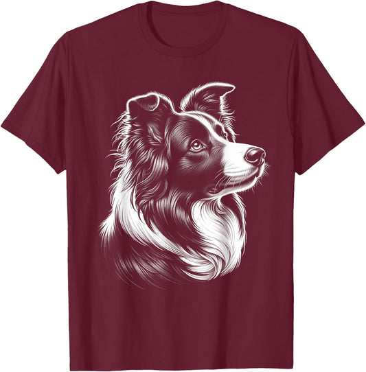 Cute Border Collie Head as a Chic Portrait from the Side T-Shirt - T-Shirt | Maroon