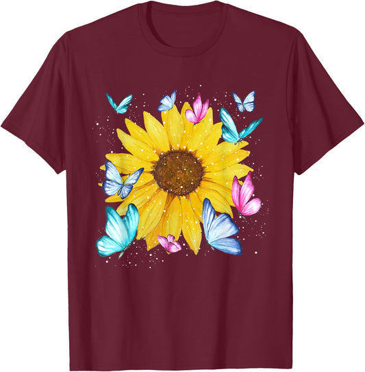 Beautiful Nature Yellow Flowers Florist Butterfly Sunflower T-Shirt - T-Shirt | Maroon