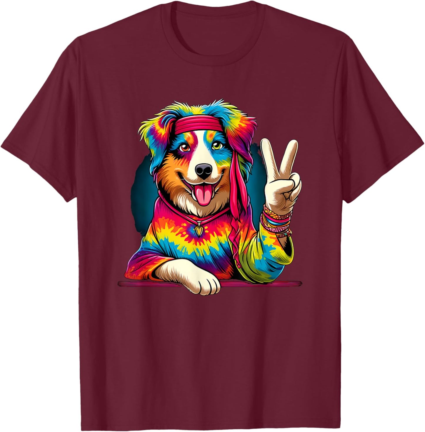 Peace Sign Tie Dye Australian Shepherd dog T-Shirt - T-Shirt | Maroon