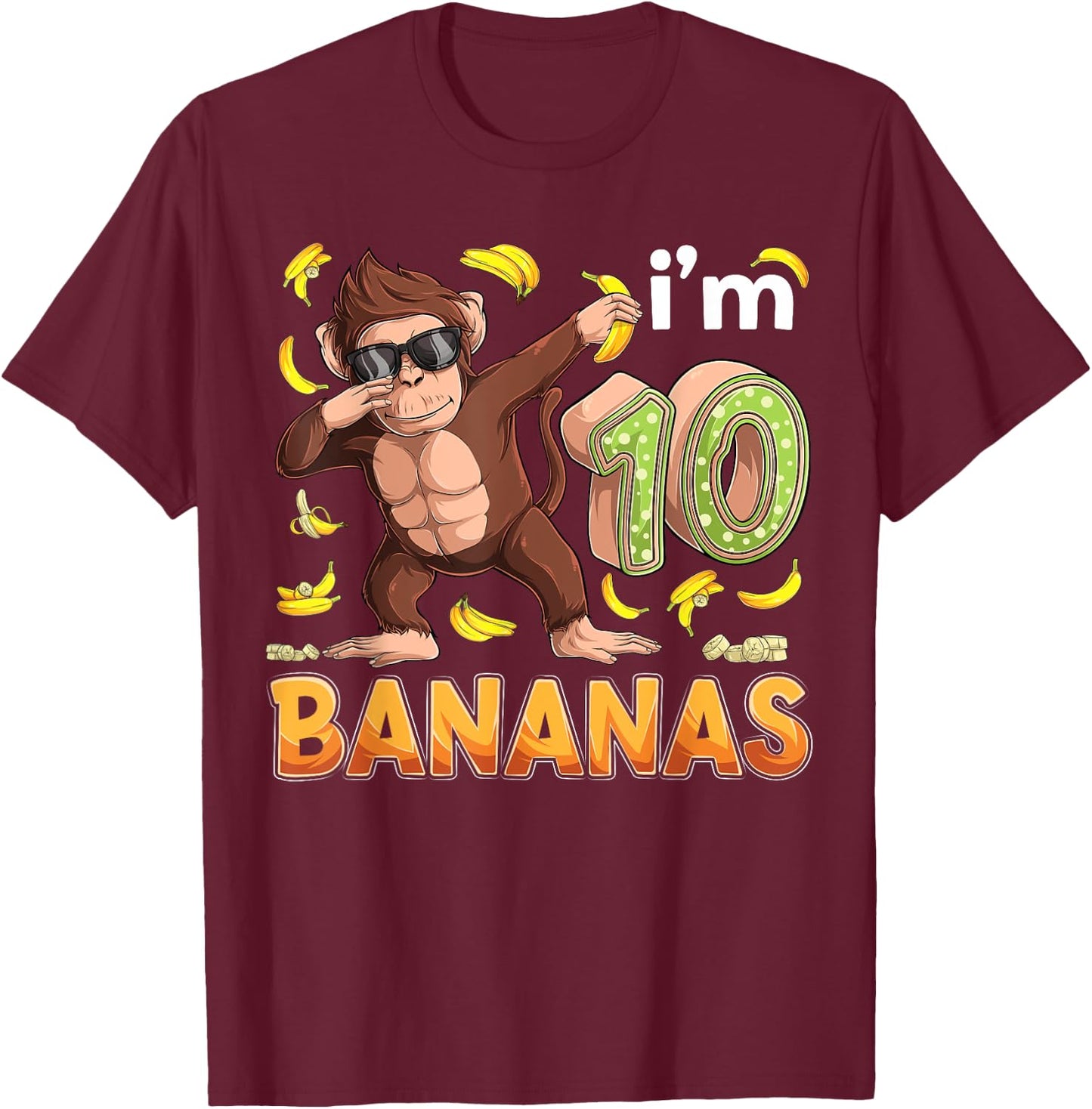 10 Year Old Monkey Birthday Safari Jungle Animal 10th B-day T-Shirt - T-Shirt | Maroon