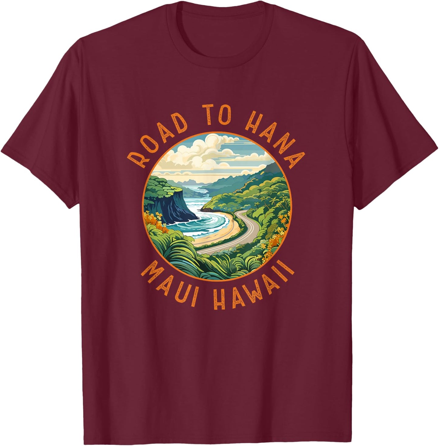 Road to Hana Maui Hawaii Distressed Circle T-Shirt - T-Shirt | Maroon