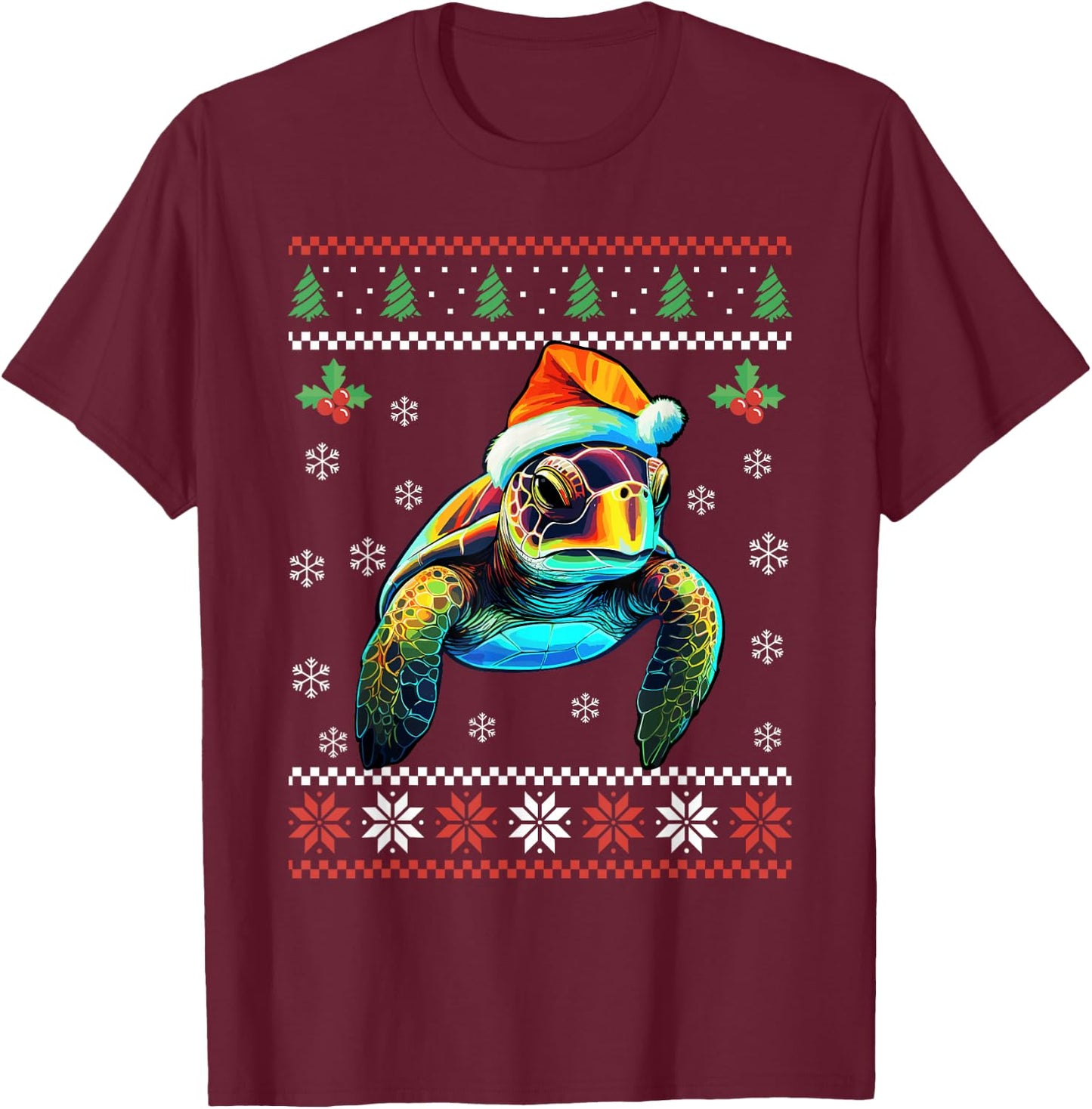 Sea Turtle Ugly Christmas Sweater Xmas For Adults Kids T-Shirt - T-Shirt | Maroon