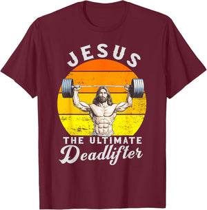Jesus The Ultimate Deadlifted Retro Jesus Christian Gym T-Shirt - T-Shirt | Maroon