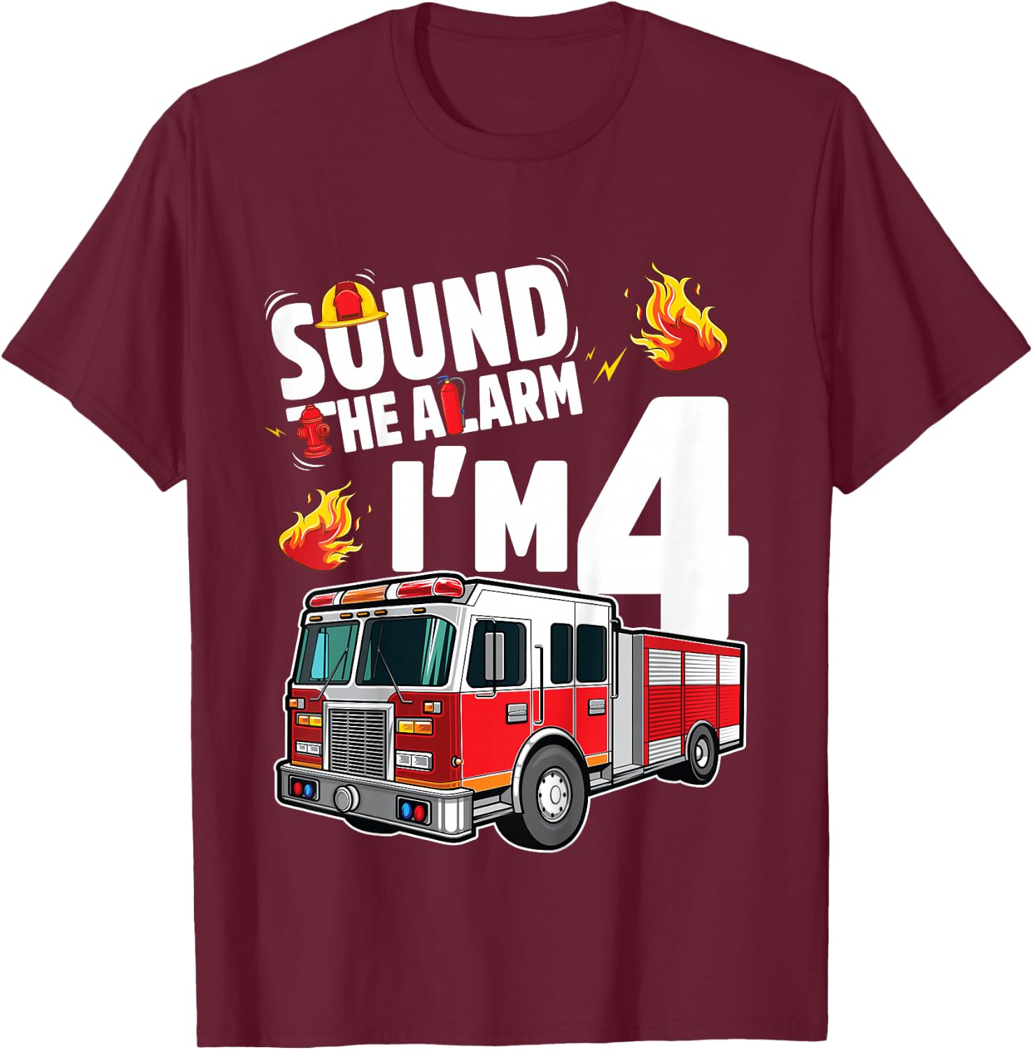 Fire Truck 4th Birthday Boy Firefighter 4 Year Old T-Shirt - T-Shirt | Maroon