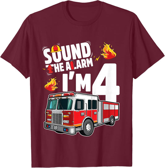 Fire Truck 4th Birthday Boy Firefighter 4 Year Old T-Shirt - T-Shirt | Maroon
