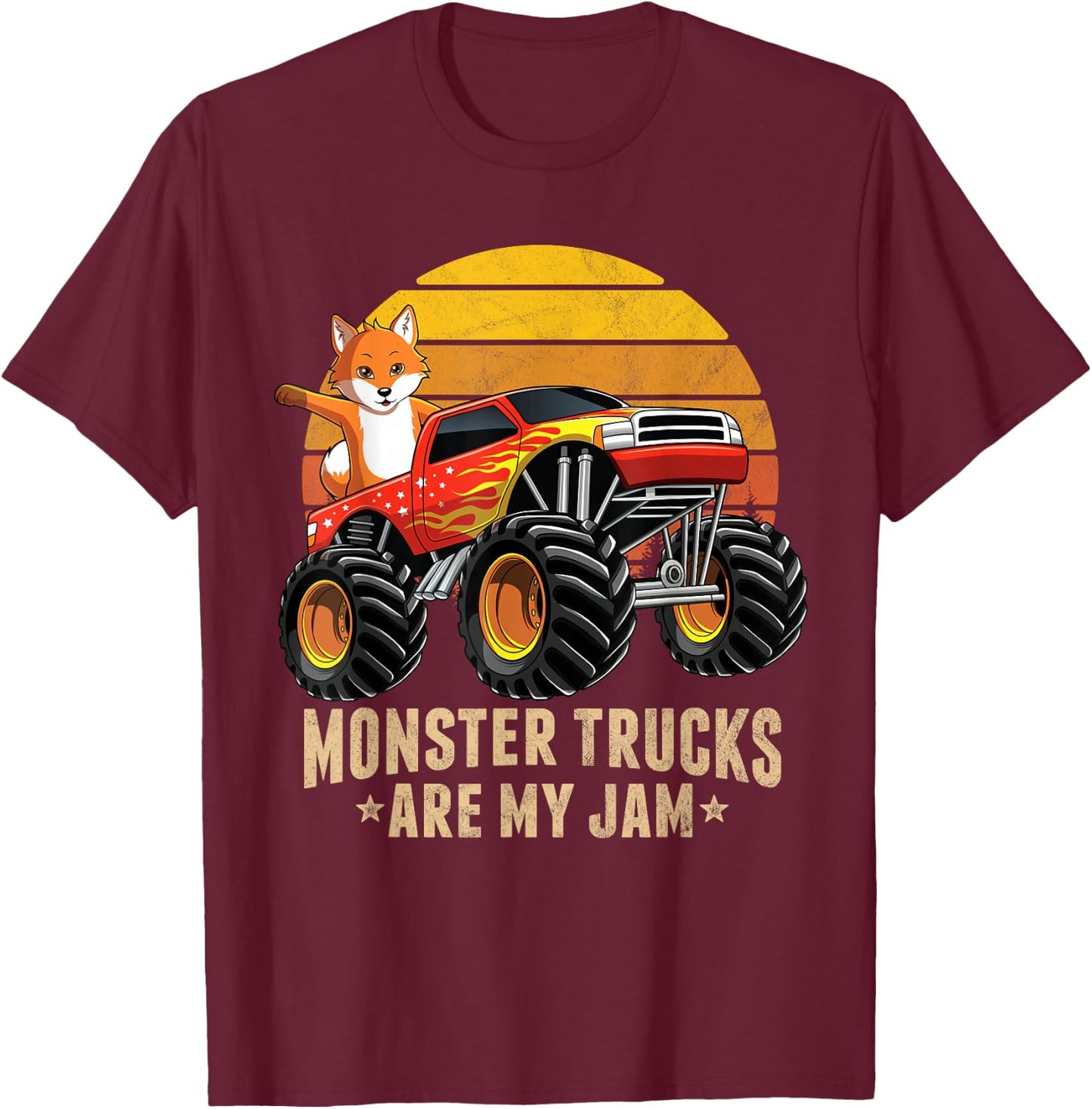 Vintage Fox Monster Truck Are My Jam Retro Sunset Boys Gift T-Shirt - T-Shirt | Maroon