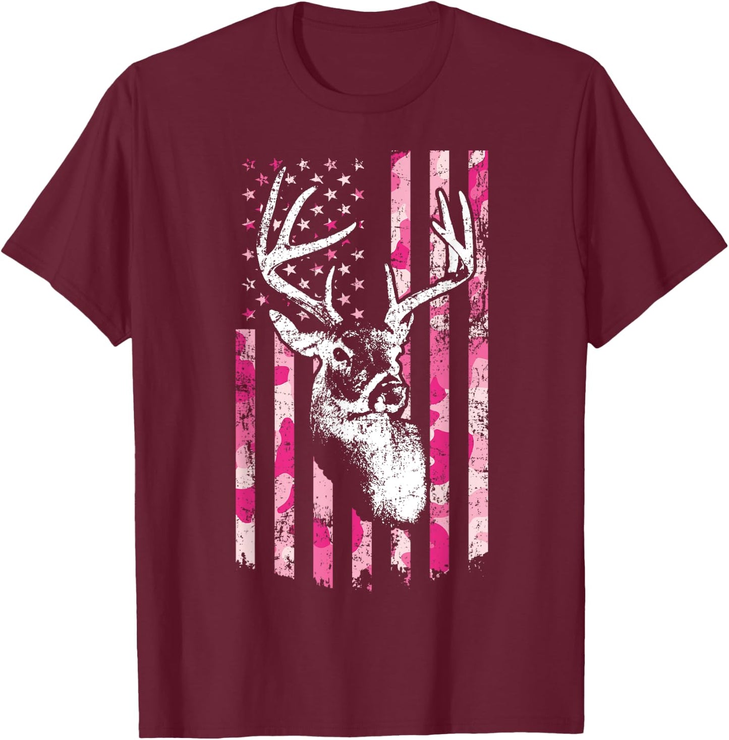 Whitetail Buck Deer Hunting Pink Camo American Flag T-Shirt - T-Shirt | Maroon