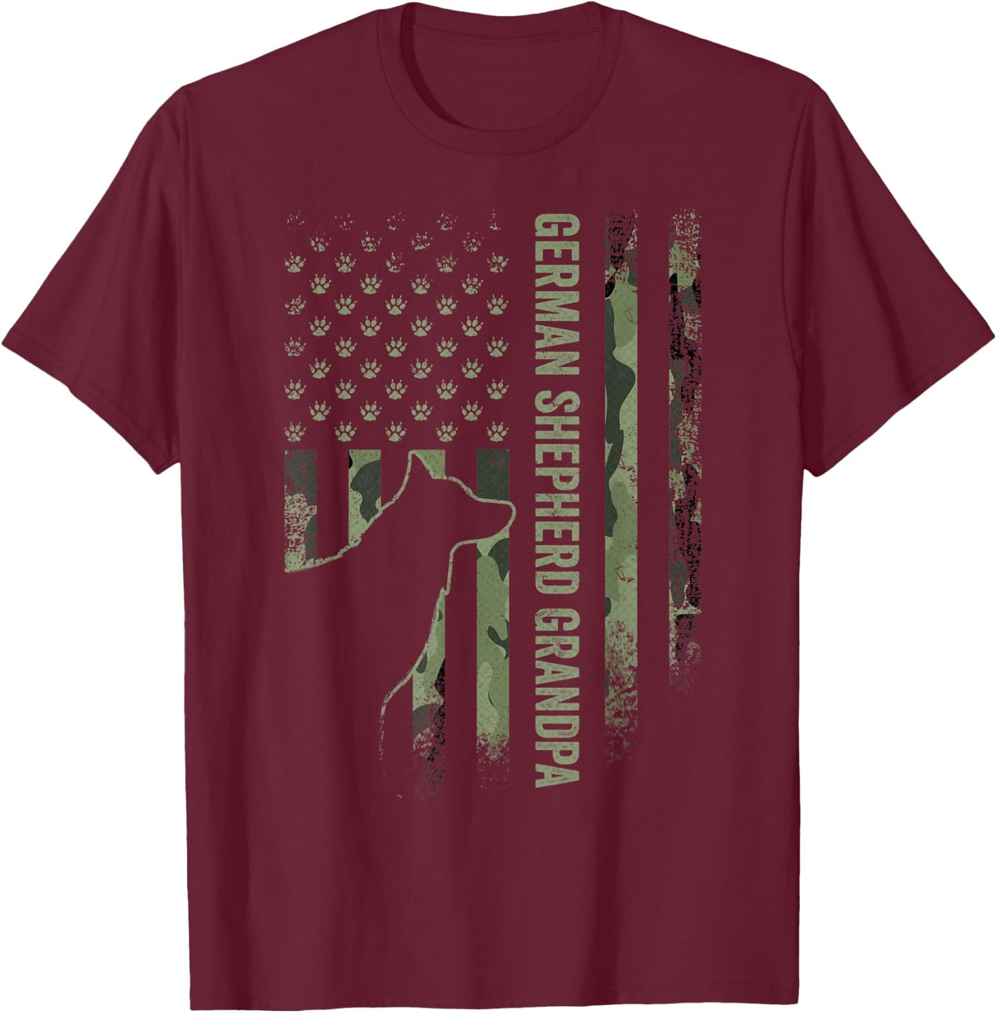 American Camo Flag Proud German Shepherd Grandpa Silhouette T-Shirt - T-Shirt | Maroon