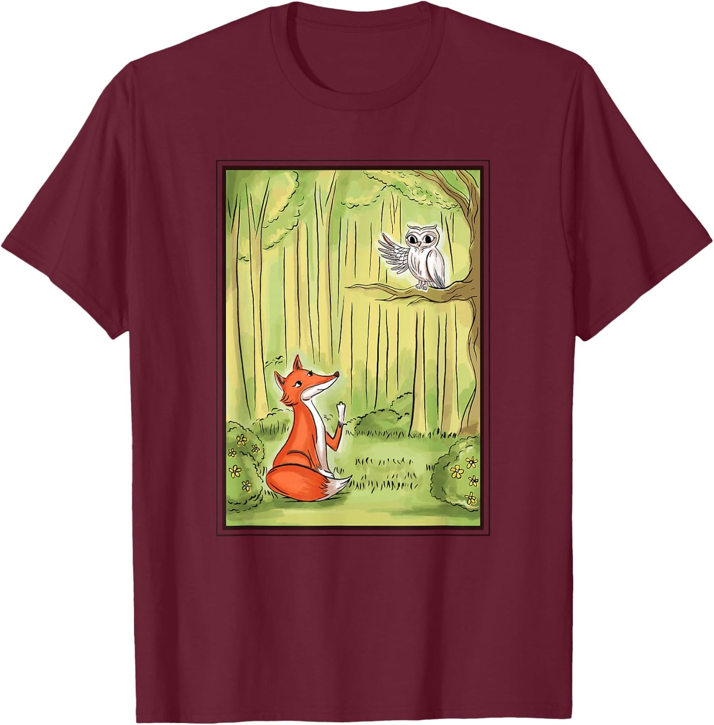 Fox And Owl Forest T-Shirt - T-Shirt | Maroon