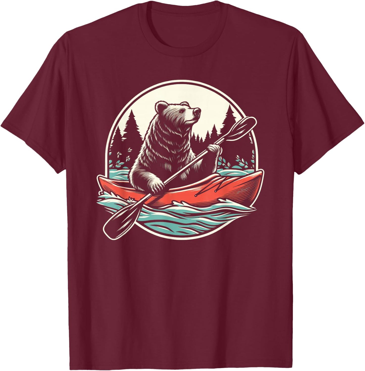 Bear With Kayak Kayaking Retro T-Shirt - T-Shirt | Maroon