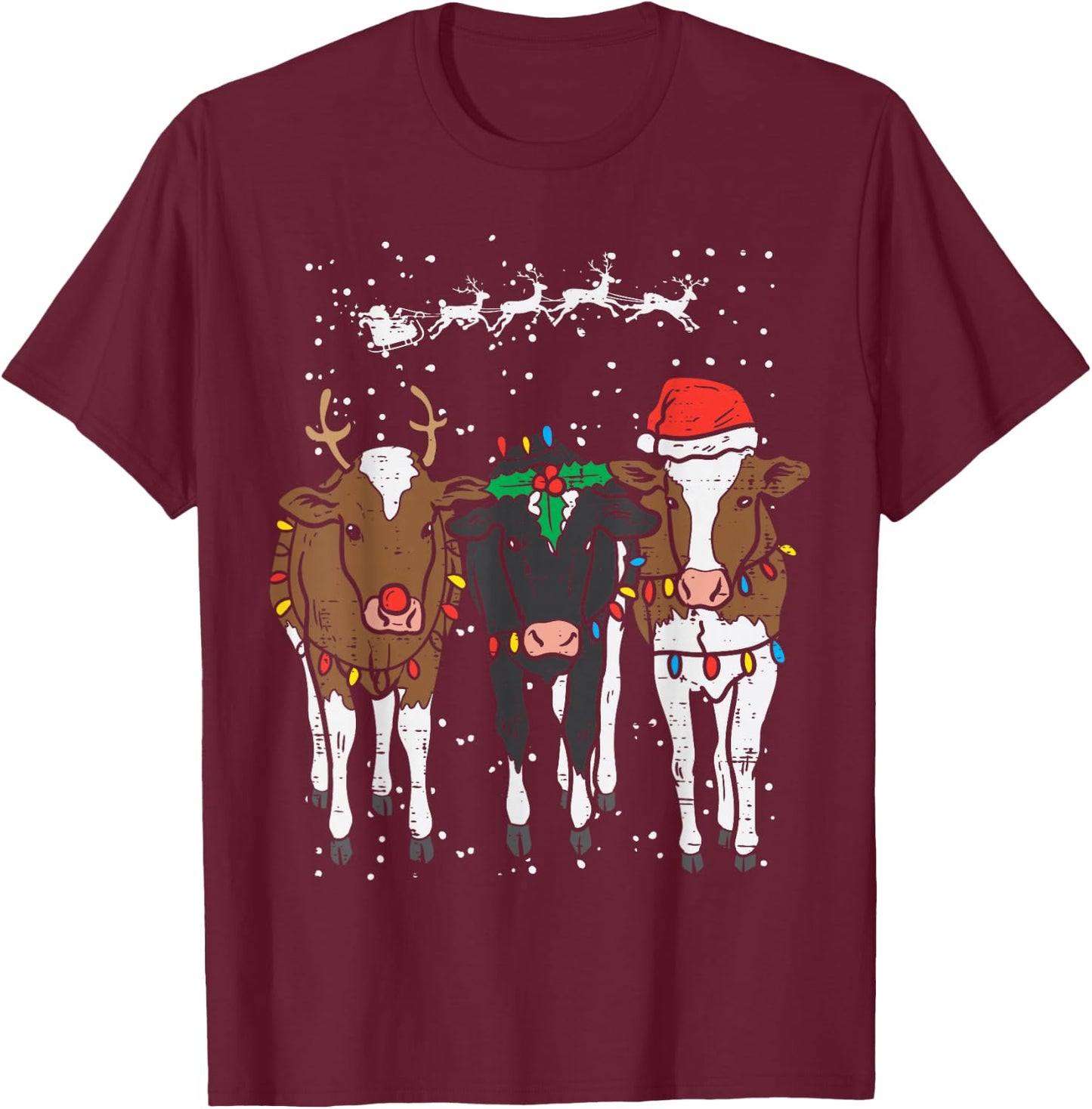 Reindeer Santa Cows Funny Farm Christmas Animal Lover PJ T-Shirt - T-Shirt | Maroon