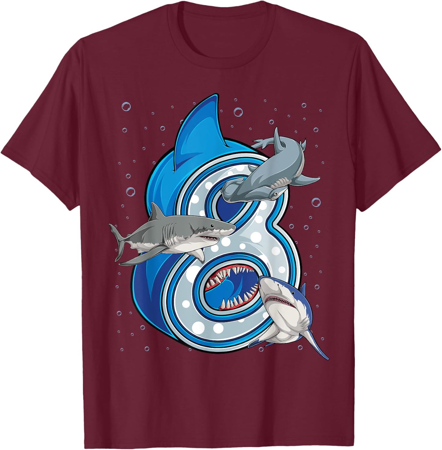 8th Birthday Boys Shark 8 years Old Ocean Shark B-day T-Shirt - T-Shirt | Maroon