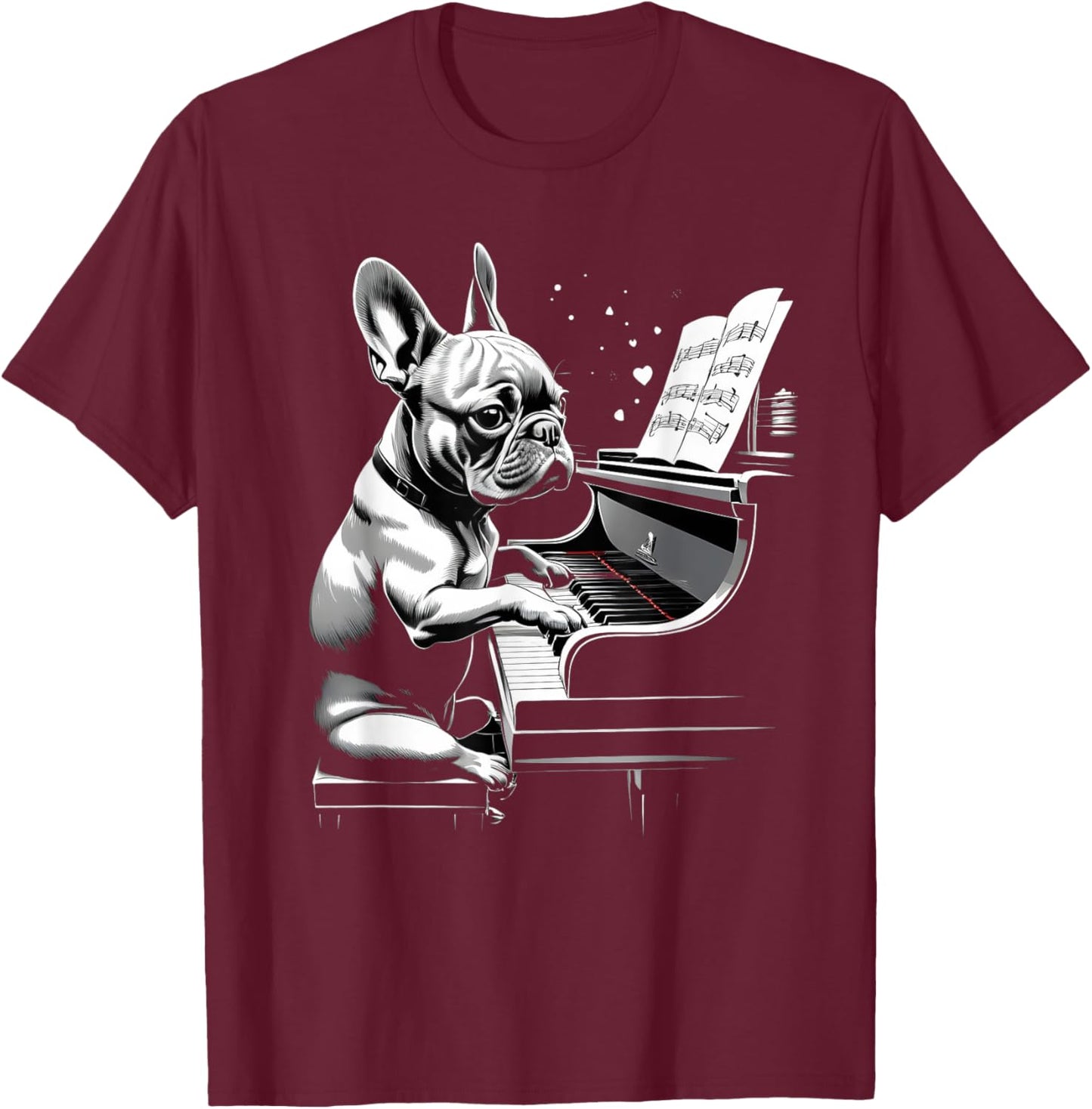 Cute French Bulldog Playing Piano Funny Dog and Piano Lover Men Women Kids T-Shirt - T-Shirt | Maroon