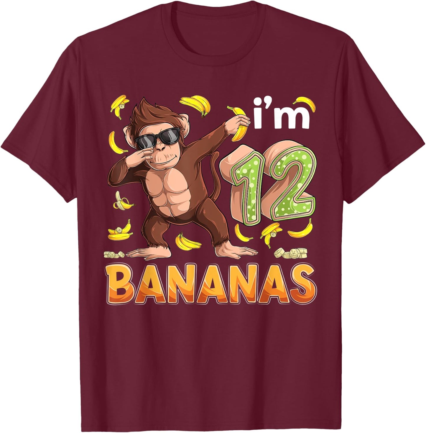 12 Year Old Monkey Birthday Safari Jungle Animal 12th B-day T-Shirt - T-Shirt | Maroon