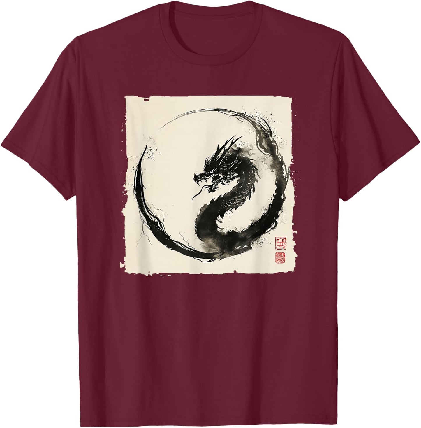 Eastern Dragon Majesty: Vintage Ink Art Collection T-Shirt - T-Shirt | Maroon