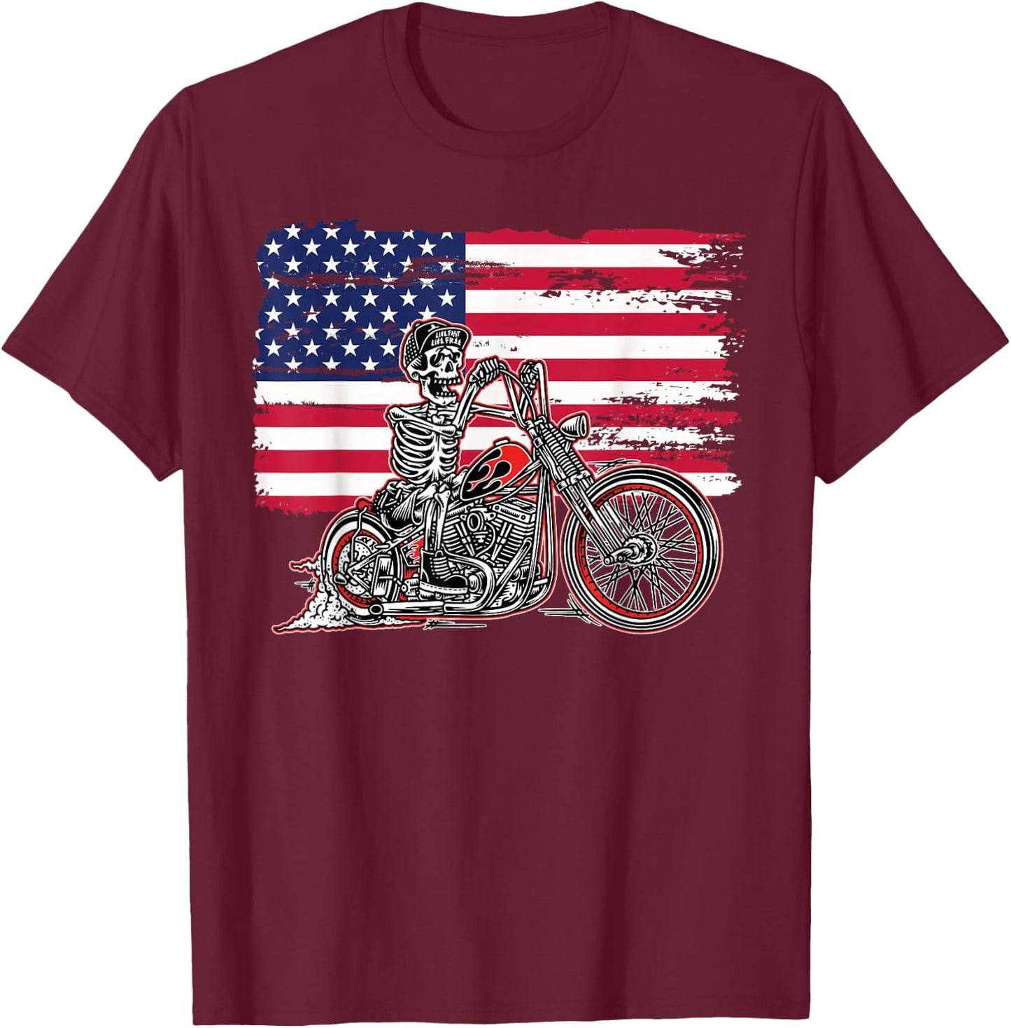 American Flag Motorcycle Skeleton Biker Bobber Chopper Rider T-Shirt - T-Shirt | Maroon