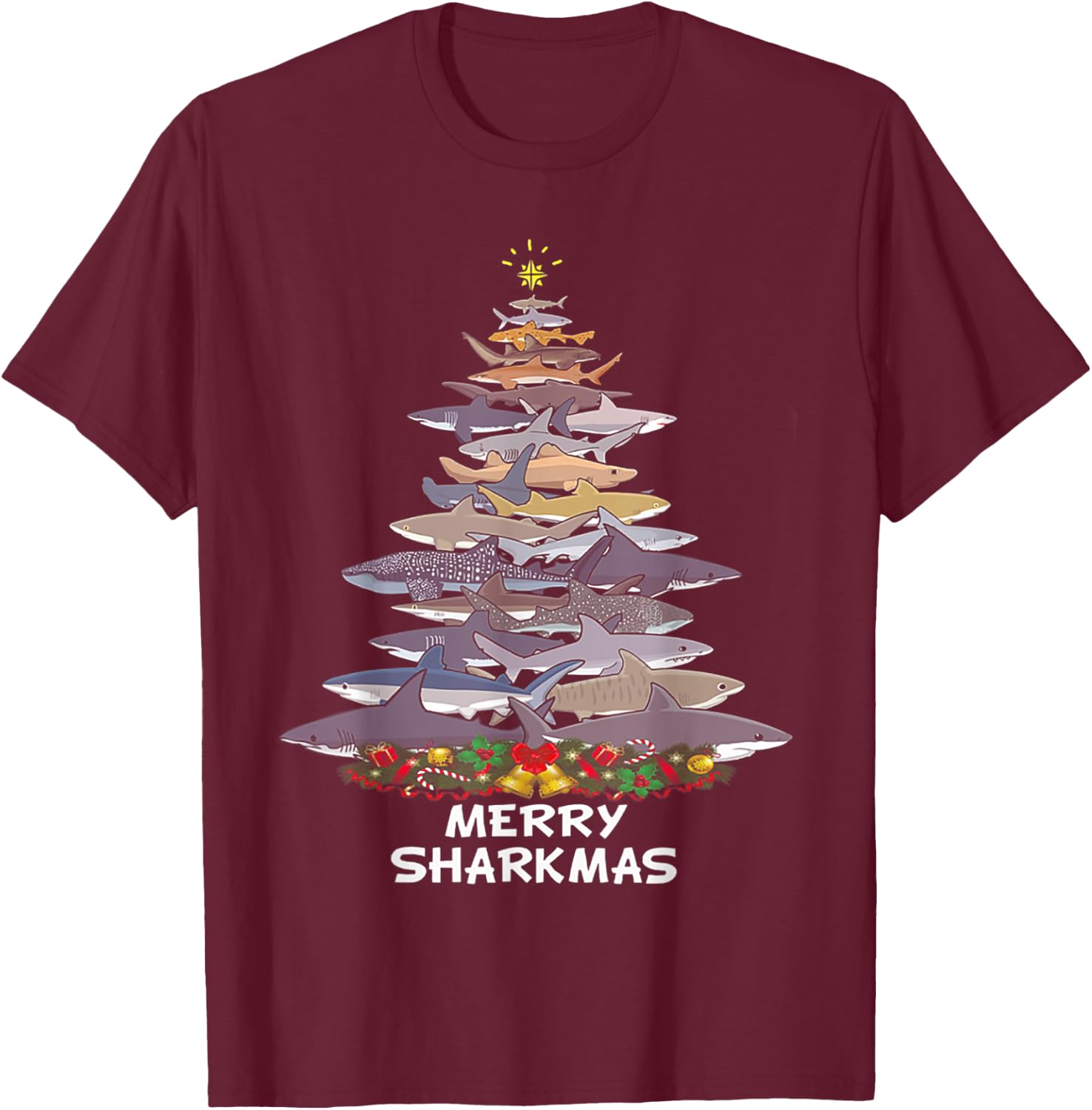 Merry Sharkmas Funny Shark Tree Xmas T-Shirt - T-Shirt | Maroon