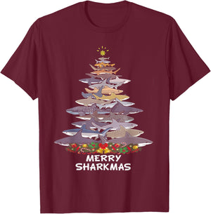 Merry Sharkmas Funny Shark Tree Xmas T-Shirt - T-Shirt | Maroon