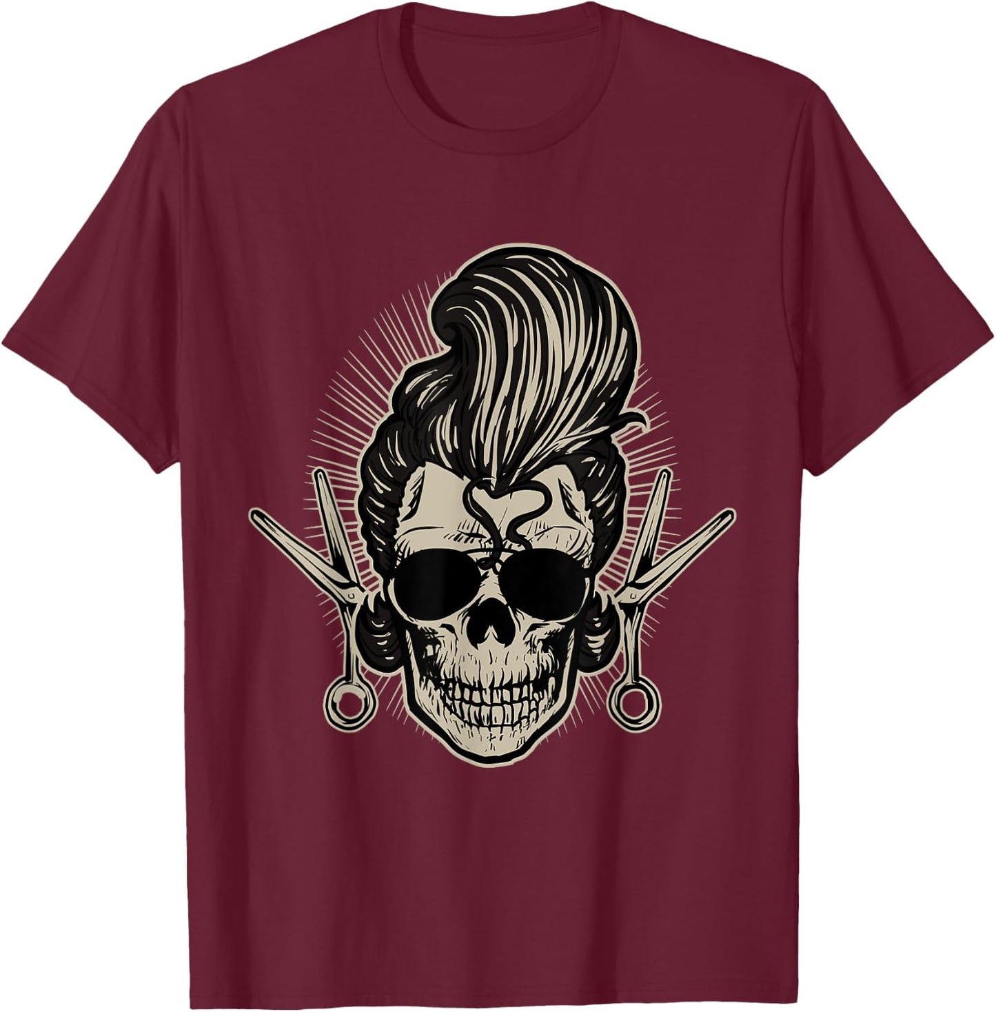 Rockabilly Skull Barber Scissors Biker Rock Music Pin Up T-Shirt - T-Shirt | Maroon