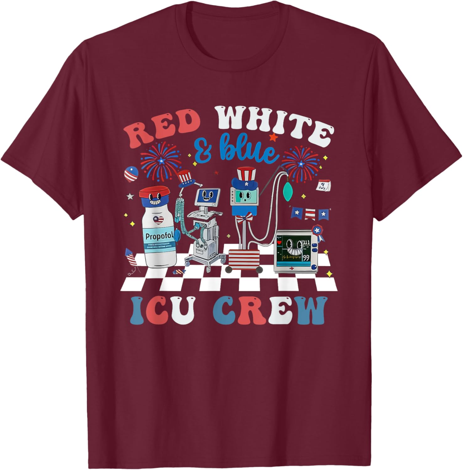 Red White Blue ICU Nurse Crew 4th of July Independence Day T-Shirt - T-Shirt | Maroon