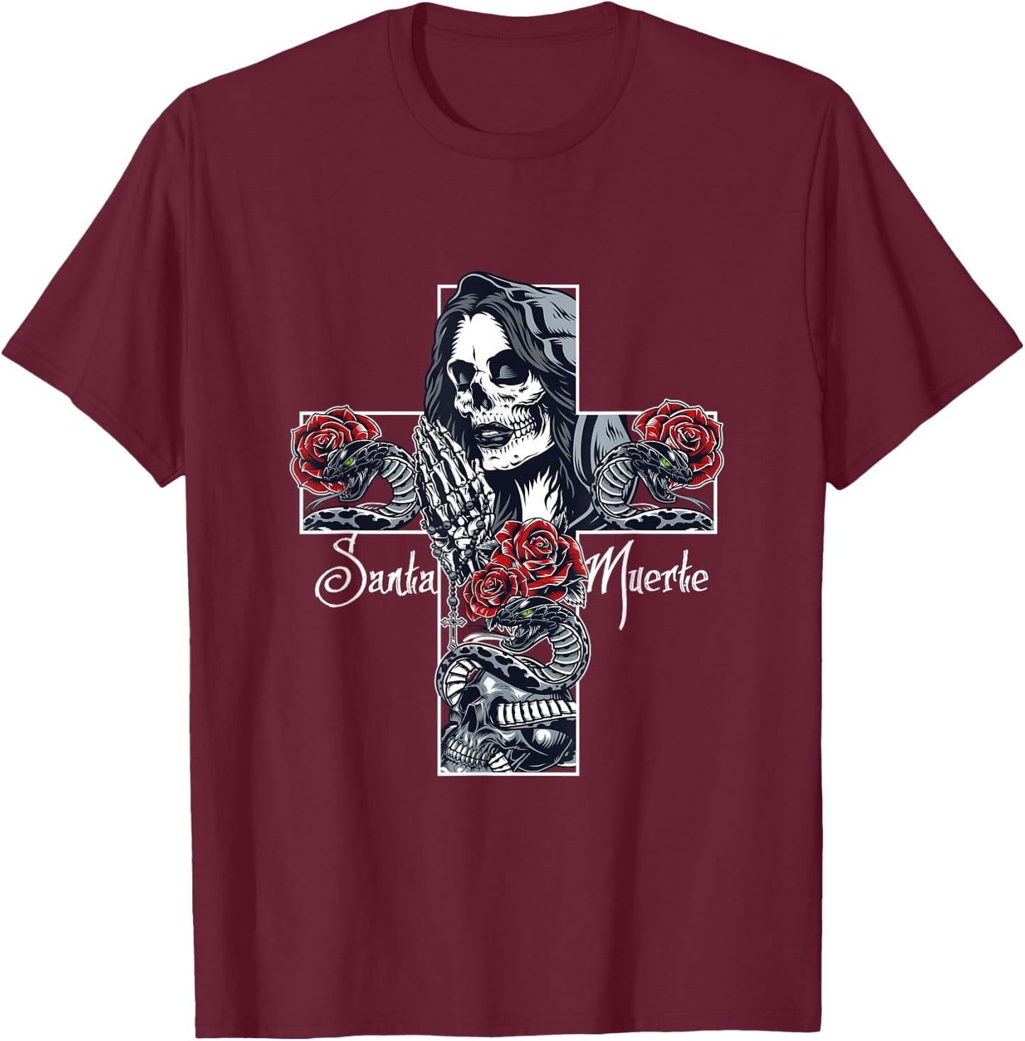 Skull Santa Muerte Cross T-Shirt - T-Shirt | Maroon