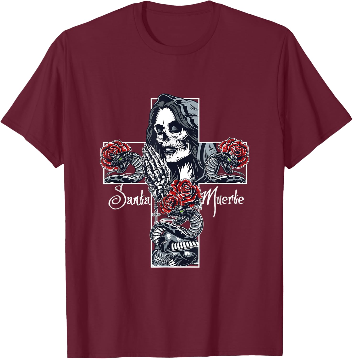 Skull Santa Muerte Cross T-Shirt - T-Shirt | Maroon