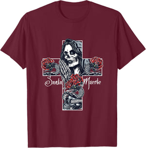 Skull Santa Muerte Cross T-Shirt - T-Shirt | Maroon